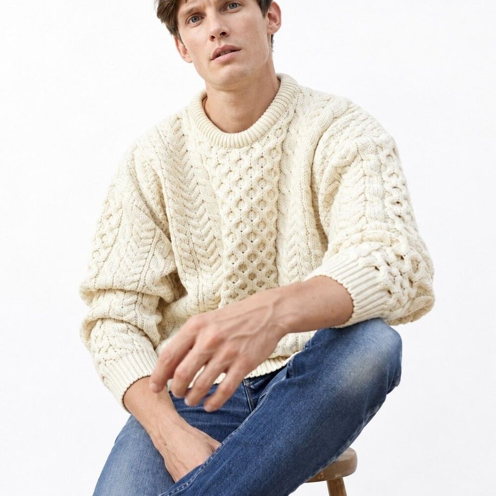 Aran Sweater Market NWT Merino Wool Fisherman Sweater Cable Knit Mens Sz L Ivory - Picture 10 of 10